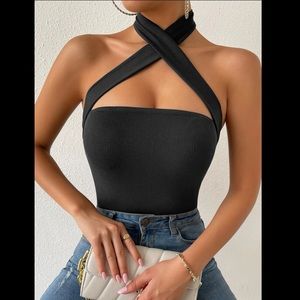 Cross Wrap Backless Halter Bodysuit